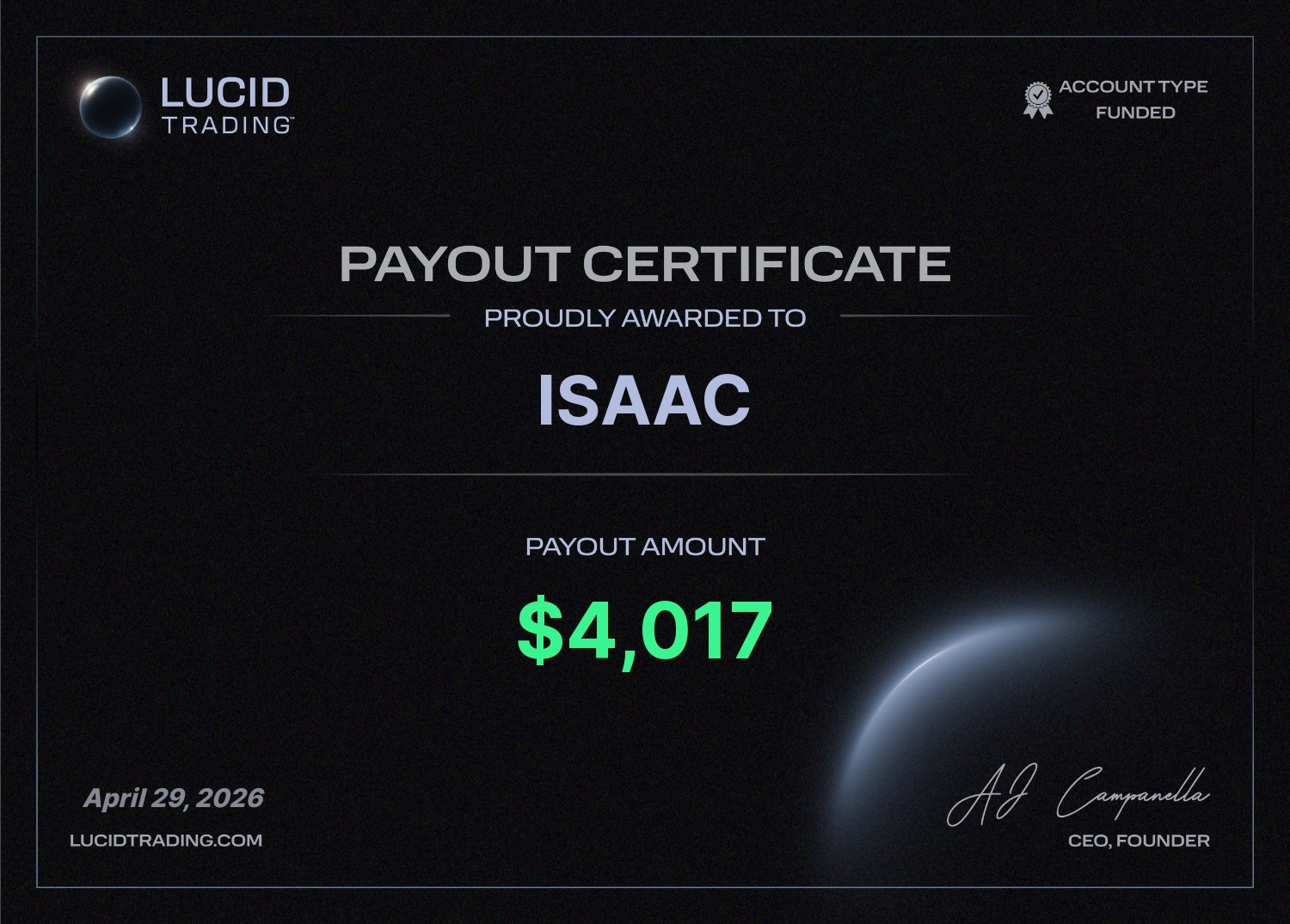Payout certificate awarded to Isaac for $4,017 from Lucid Trading