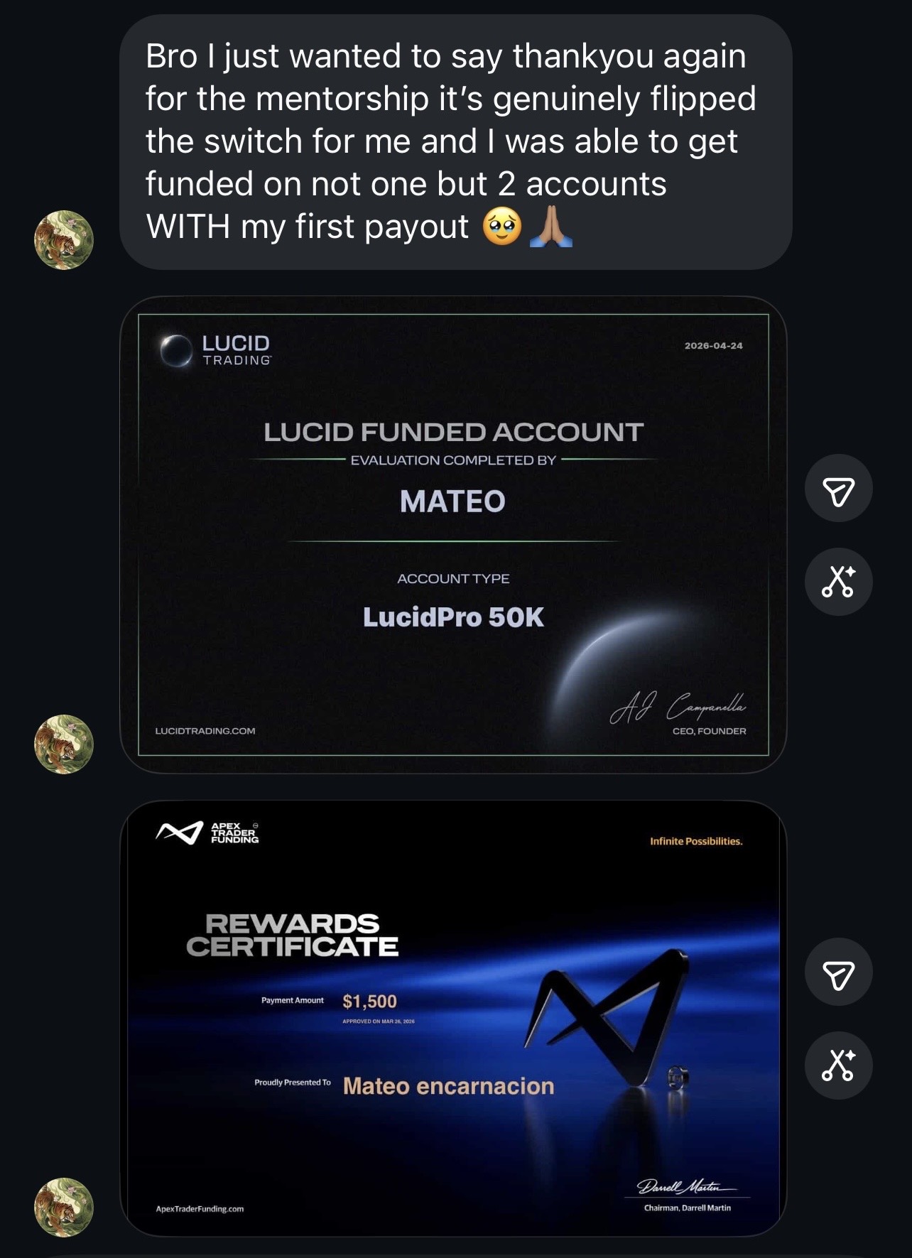 Student review from Mateo showing funded account and first payout