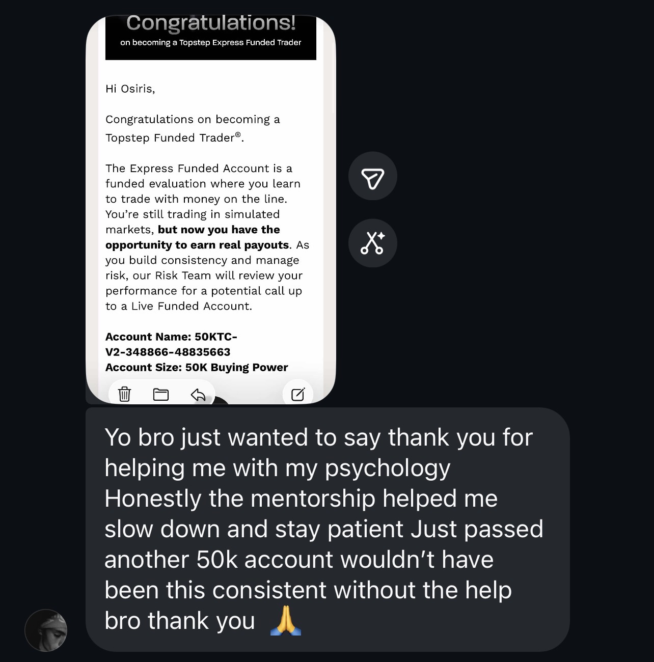 Student review from Osiris showing Topstep funded account and thank-you message