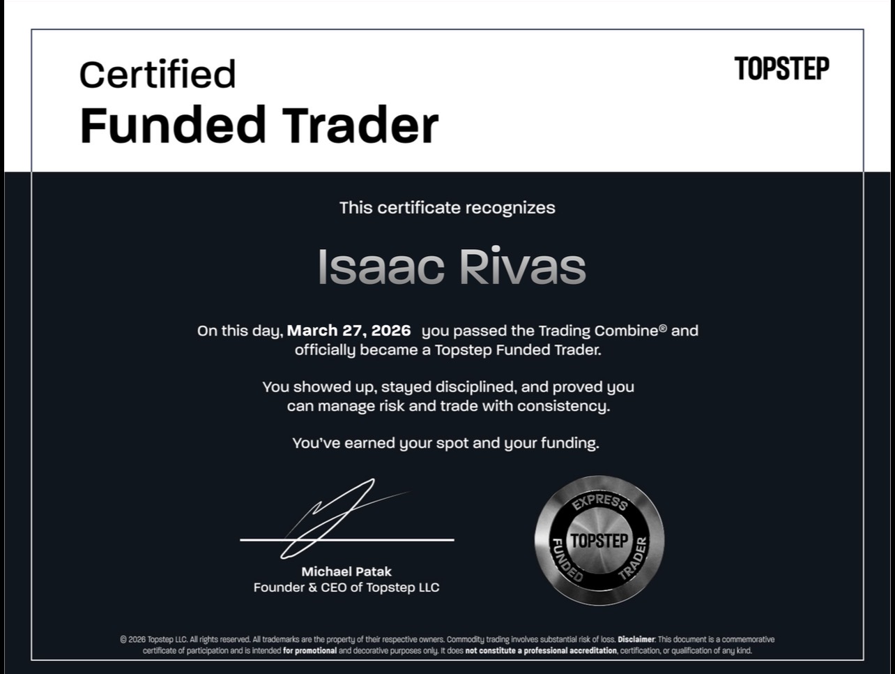 Topstep Certified Funded Trader certificate awarded to Isaac Rivas